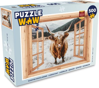 Puzzel Schotse Hooglander - Landschap - Landelijk - Bergen - Winter - Doorkijk - Legpuzzel - Puzzel 500 stukjes