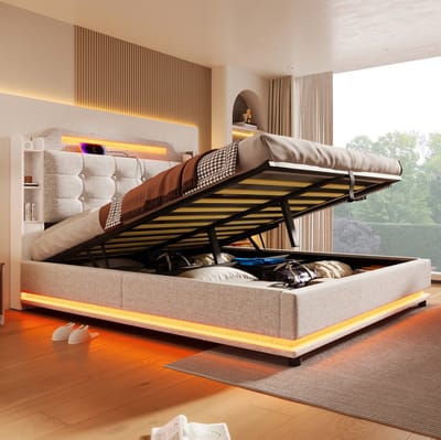 MEUNIQ gestoffeerd bed 140x200 cm met LED-verlichting, hydraulische opbergruimte, USB en Type-C, meerdere opbergvakken, zonder matras, beige