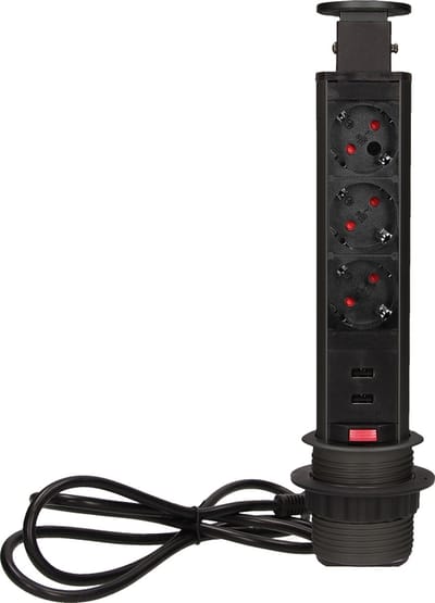 Orno Lift-up Stekkerdoos - Pop up stekkerblok met 3 stopcontacten en 2 USB - Ø 60mm Inbouw verdeelstekker met 1.8 meter kabel - Zwart