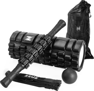 ZEUZ 4-Delige Foam Roller Triggerpoint Massage Set Incl. Foamroller, Massagebal, Stick & Stretch Elastiek – Geschikt voor Yoga, Fitness & CrossFit – Stok & Bal – Zwart