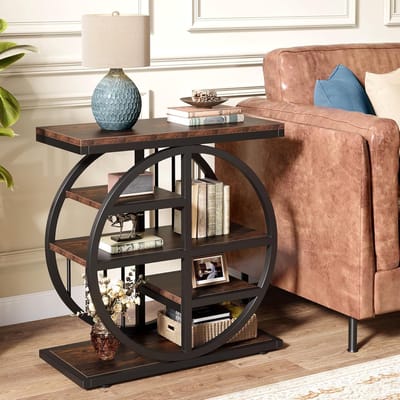 Smalle Salontafel met 5 Plateau's, Hout en Metaal, voor Woonkamer of Slaapkamer