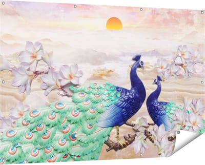 Gards Tuinposter Twee Pauwen bij Elkaar met Bloemen - Liefde - 150x100 cm - Tuindoek - Tuindecoratie - Wanddecoratie buiten - Tuinschilderij