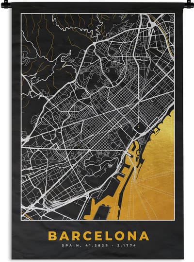 Wandkleed - Wanddoek - Barcelona - Stadskaart - Plattegrond - Goud - Kaart - 120x180 cm - Wandtapijt