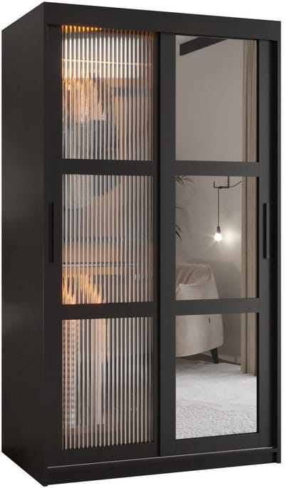 Zweefdeurkast Kledingkast met 2 schuifdeuren glanzen slaapkamerkast Kledingstang met planken Garderobekast met geribbeld glas - ARTON 2 (100 cm, Zwart)