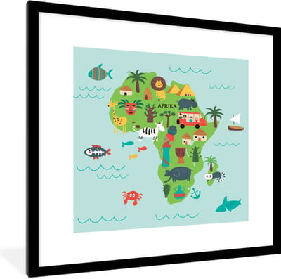 Wereldkaart Kinderen - Dieren - Afrika - Schoolplaat - Kinderkamer - 40x40 cm