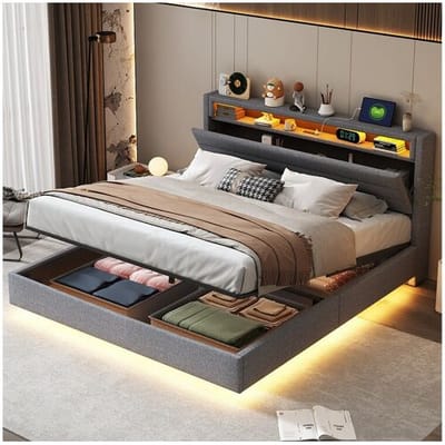 Merax Opbergbed 160 x 200 cm met opberghoofdeinde en opbergvakken - LED's en USB-aansluiting - Linnen stof - Grijs