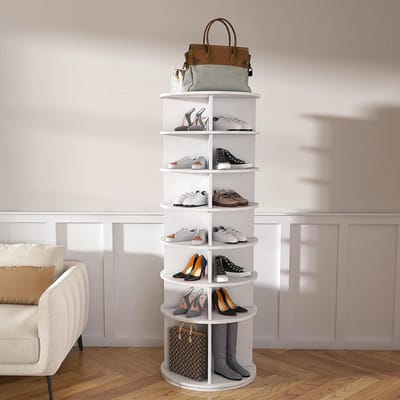 BLACKCOLORS Draaibare schoenenrek met 7 niveaus – 360° draaibaar, vrijstaand, ruimtebesparend schoenenrek voor maximaal 28 paar schoenen, verhoogde basis voor laarzen, wit (60 × 60 × 184 cm)