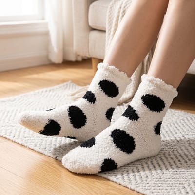 Fkuffy Sokken Dames - huissokken - wit - zwart - stippen - leuke print koe - 36 - 40 - cadeau voor haar - gift - warm - zacht