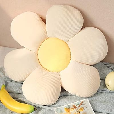 Bloemenvloerkussen Tatami bloemvormig pluche decor, comfortabel zitkussen voor kinderkamer, thuis, op de bank (40 x 40 cm, wit & geel - a)