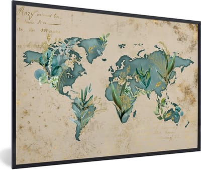 Poster in lijst - Fotolijst 90x60 cm - Posters - Wereldkaart - Papyrus - Vintage - Posterlijst zwart - Decoratie - Wanddecoratie woonkamer - Muurdecoratie slaapkamer