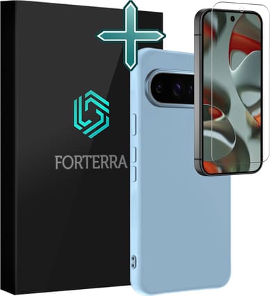 Hoesje Met Screenprotector - Geschikt voor Google Pixel 9 Pro - Sterk & Shockproof - Telefoon Hoes - Back Cover - Siliconen Case - Lichtblauw