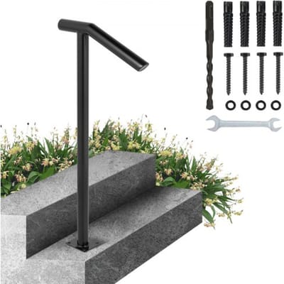 VEVOR leuning 95CM hoogte smeedijzeren leuning draagvermogen 91KG ronde buis, entreeleuning elegante zwarte tweetraps trapleuning roestvrijstalen leuning voor buitentrappen