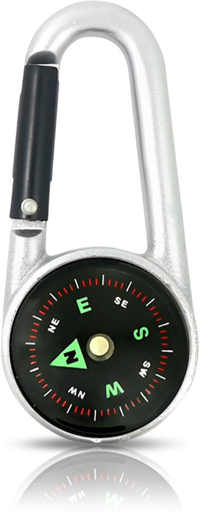 Kompas Sleutelhanger Mini Karabijnhaak - Draagbare Sleutelhouder met Rits - Outdoor Wandelen Kamperen Navigatie Accessoire - Zilver