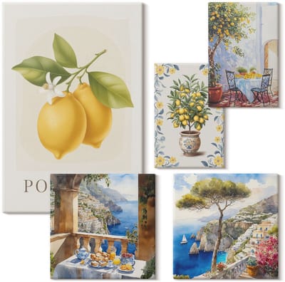 Wallfluent Set van canvas schilderijen - Mediterrane citrusaccenten en uitzicht op zee Canvas Schilderijen Set - Set van 5 Canvas Schilderijen - Geel Set van Canvas Prints - Natuur Canvas Kunst Set - Boheemse Canvas Kunst Set