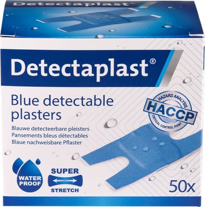 Detectaplast blauwe knokkel pleisters waterproof - metaaldetecteerbare, waterdichte en hypoallergene wondpleisters, voor de voedingsindustrie, catering en grootkeuken, 68 x 38 mm, 50 stuks