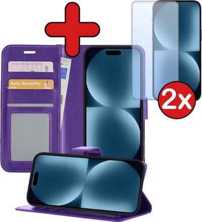 Hoesje - Met 2x Screenprotector - Geschikt voor Apple iPhone 15 - Luxe Pasjeshouder - Flip Case - Bookcase Portemonee - Kunstleer Book Case - Flipcase Hoes - Book Cover - Walletcase - Portemonneehoes - Telefoonhoes - Paars