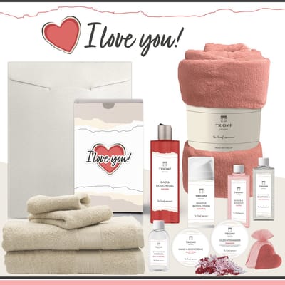 Geschenkset “I Love You!” - 13 producten - 2000 gram | Triomf Original - Giftset voor haar Cadeau Valentijnsdag Luxe wellness cadeaubox Vrouw Ik hou van jou Cadeaupakket Kerst Geschenk Pakket Moeder Verjaardag Gift Set Valentijn Vriendin Beige Rood