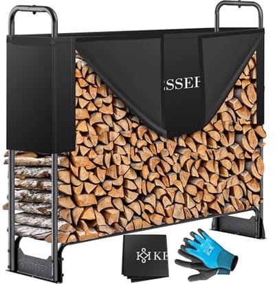 Metalen Brandhoutrek voor Buiten - 130 x 36 x 117 cm - Robuuste Houtopslag met Afdekking en Handschoenen - Waterdicht en Flexibel