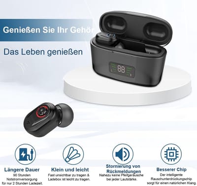 Dit oplaadbare, onzichtbare hoortoestel met ruisonderdrukkingsfunctie is speciaal ontworpen voor ouderen en wordt geleverd met een witte nanobelt-oplaadcase.