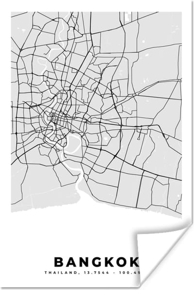 Poster Bangkok - Stadskaart - Plattegrond - Zwart Wit - Kaart - 120x180 cm XXL