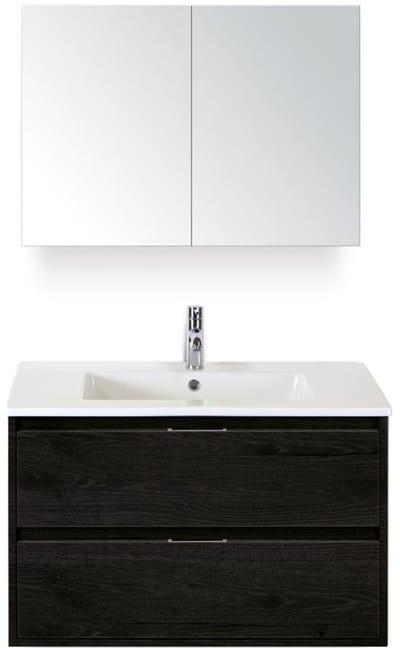 Porto Badmeubelset 90 cm - Black Oak - Keramische Wastafel Wit Slim met Spiegelkast