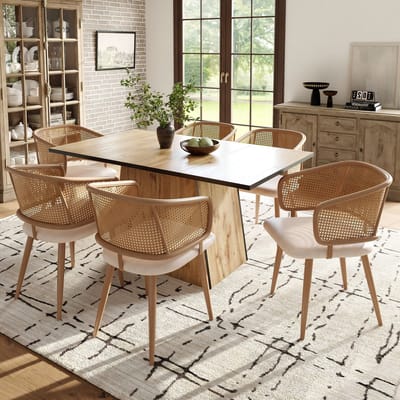 Eetkamerstoelen Set van 6 - Rattan Rugleuning Stoel - PU Leren Zitting - Moderne Eetkamerstoel - Comfortabele Stoel - Ademend Zitcomfort - Keukenstoel - Woonkamerstoel - Restaurantstoel - Caféstoel - Moderne Stijl - Bruin