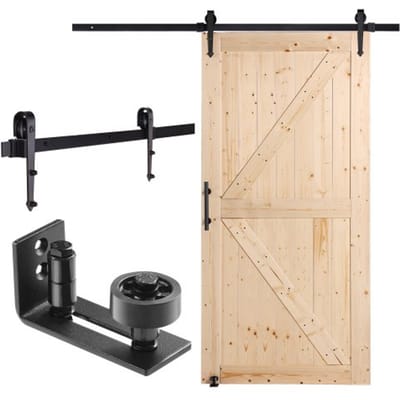 VEVOR schuifdeurset met beslag, 1067 x 2134 mm, houten en glazen schuifdeur, geluidsarm, schuifdeurset met 8-in-1 vloergeleider en deurklink, paneel van sparrenhout, voor woonkamer etc.