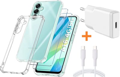 USB C Adapter - USB C Snellader 20W Met 1m Kabel - Hoesje Geschikt voor Samsung Galaxy A16 4G / 5G transparant Anti Shock silicone met 2x screenprotector- Ntech COMBI-SET