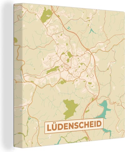 Canvas Schilderij Plattegrond - Lüdenscheid - Kaart - Stadskaart - Vintage - 20x20 cm - Wanddecoratie
