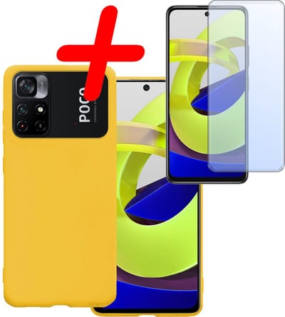 Hoesje Met Screenprotector - Geschikt voor Xiaomi Poco M4 Pro 5G - Sterk & Shockproof - Back Cover - Siliconen Case - Telefoon Hoes - Geel
