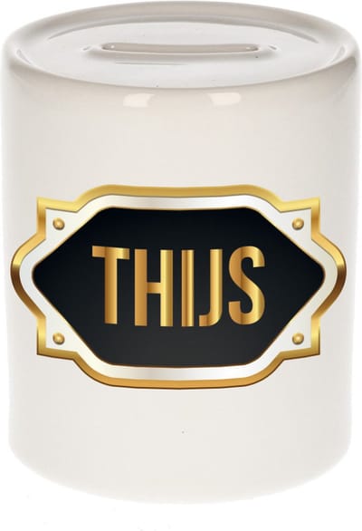 Spaarpot met voornaam Thijs - wit - met goud/zwart embleem - 8 x 9 cm - keramiek - met afsluitdop - cadeau verjaardag
