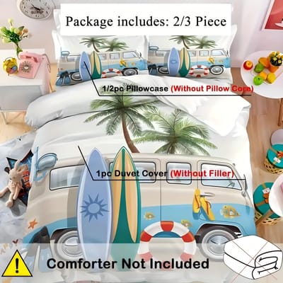 3D Geprint Bus Surfplank met Palmbomenpatroon Beddengoed Dekbedovertrek Kussensloop Luxe Huis Textiel Cartoon Auto Campagne Dekbedovertrek Sets EU single(135x200cm)