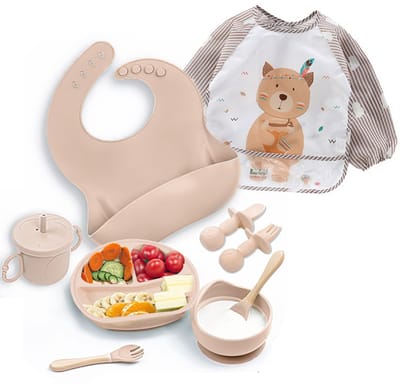 Siliconen Kinder Servies Set 9-delig – Baby Voedingsset met Hartvormig Bord, Slabbetje en Beker – Beige