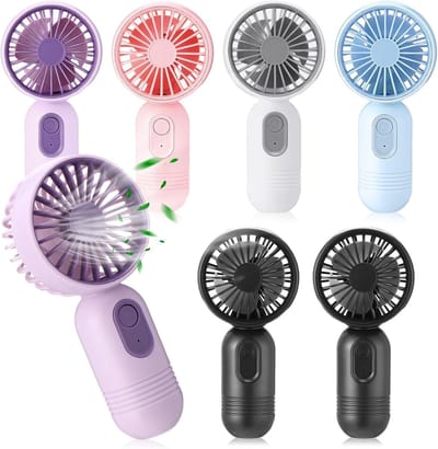 Set van 6 oplaadbare mini-ventilatoren - 8 × 6 × 15 cm - Compact en draagbaar - Drie windsnelheden - Geschikt voor zowel mannen als vrouwen - 2 zwarte ventilatoren - 1 van elk in blauw, roze, wit en paars