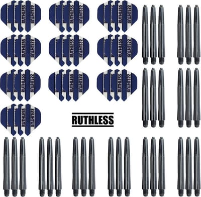 Darts Set - 10 Sets Ruthless Flights – dart flights – Donkerblauw – plus 10 sets Dragon – dart shafts – medium