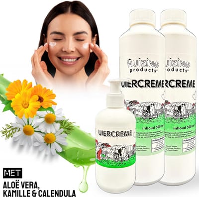 1 Stuk: Huizing® Uiercrème Pompfles 250ML + 2 stuks: 500ML – uiercreme – uierzalf - uierzalf geparfumeerd – Aloë Vera & Kamille – huidverzorging – bodymilk – bodycreme – bodylotions - bodylotion dames – bodylotion – aftersun