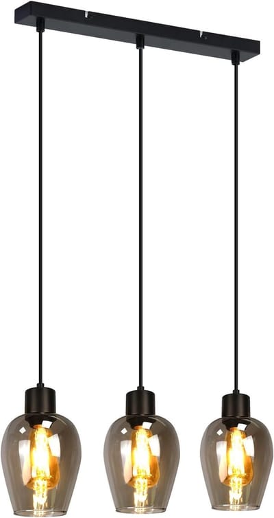 Glitzerlife - Hanglampen - Retro-stijl - 3xE27 - Rookgrijs glaskap - Mat zwart metaal - PVC-kabel - Hoogte verstelbaar - Ø20cm - Ingebouwd trekkoord - Eetkamer Woonkamer Keuken