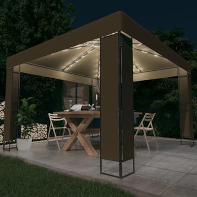 vidaXL - Prieel - met - dubbel - dak - en - LED-lichtslinger - 3x3x2,7 - m - taupe