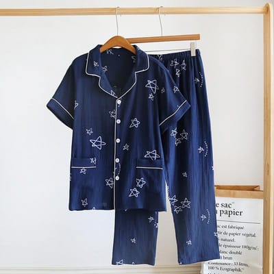 Nieuwe Lente- en Zomer Heren Pyjama Set 100% Katoen Crêpe Korte Mouw Broek Set Groot Losse Casual Huiskleding XL