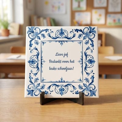 Tegeltje met tekst | Bedankt Juf | Delfts Blauw | Bedankt cadeautje | Glans afwerking | Inclusief gratis standaard | 15 x 15 cm | Fotofabriek