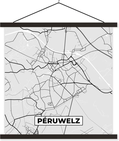 Posterhanger incl. Poster 60x60 cm - Schoolplaat - Stadskaart – Zwart Wit - Kaart – Péruwelz – België – Plattegrond - Textielposter - Zwarte latten - Stadskaart