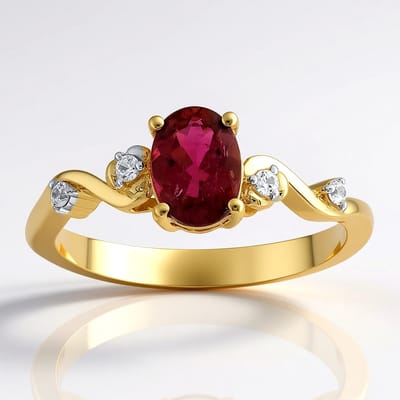 Cavill - 9K Geelgouden Ring met AAA Braziliaanse Rubelliet 0,621 ct - Ovaal Geslepen - Zirkonia Rond 0,075 ct - Elegante Luxe Damesring