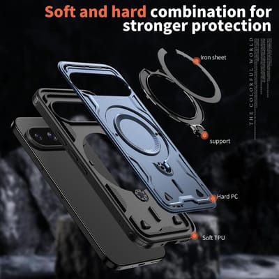 Compatibele Magsafe Hoes voor Google Pixel 9 Pro - Magnetische Autohouder met Metalen Stand, Schokbestendige Hard Shell in D-Blauw