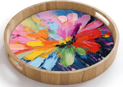 Dienblad rond 40x40 cm - Schootdienblad hout - Kleuruitbarsting - Expressieve sfeer - Bloem - Borrelplank rechthoek - Plateau houten dienbladen