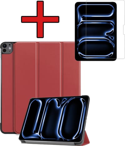 Hoesje - Geschikt voor Apple iPad Pro (2024/2025) - 11 inch - Met Screenprotector - Hardcover Book Case - Trifold Bookcase Hoes - Hard Cover - Tablethoes - Donkerrood