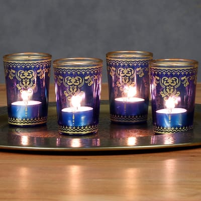 Set van 6 glazen waxinelichthouders - kaarsenhouders - theeglazen blauw goud