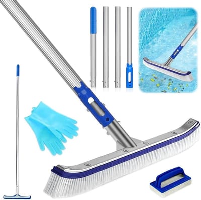 Complete Pool Reinigingsset met 43 cm Borstel, Verstelbare Aluminium Steel en Roestvrijstalen Ondersteuning voor Efficiënte Zwembadonderhoud