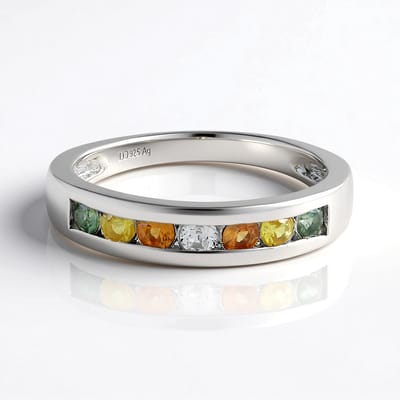 Cavill - 925 Sterling Zilver Ring - Geplatineerd - Witte Topaas 0 075 ct en Kleurrijke Saffieren 0 496 ct - Elegante Damesring - Ronde Edelstenen