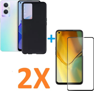 Soft TPU Zwart hoesje Silicone Case + 2 stuk Full Glas Screenprotector Geschikt voor: Oppo A96