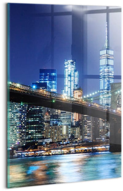 Wallfluent Glasschilderij - Brooklyn Bridge in New York 's nachts Glas Schilderij - 20x30 cm - Marine Verticale Muurschildering - Steden Foto Op Glas - Glas Foto - Foto In Glas